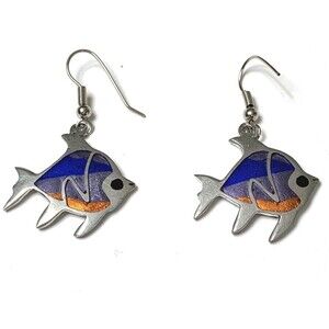 Tropical Angel Fish Silver Tone Dangle Earrings 1-3/4" Multicolor Resin Nautical